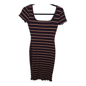 Striped Bodycon Midi Dress Womens M Square Neck Short Sleeve Stretch Y2K